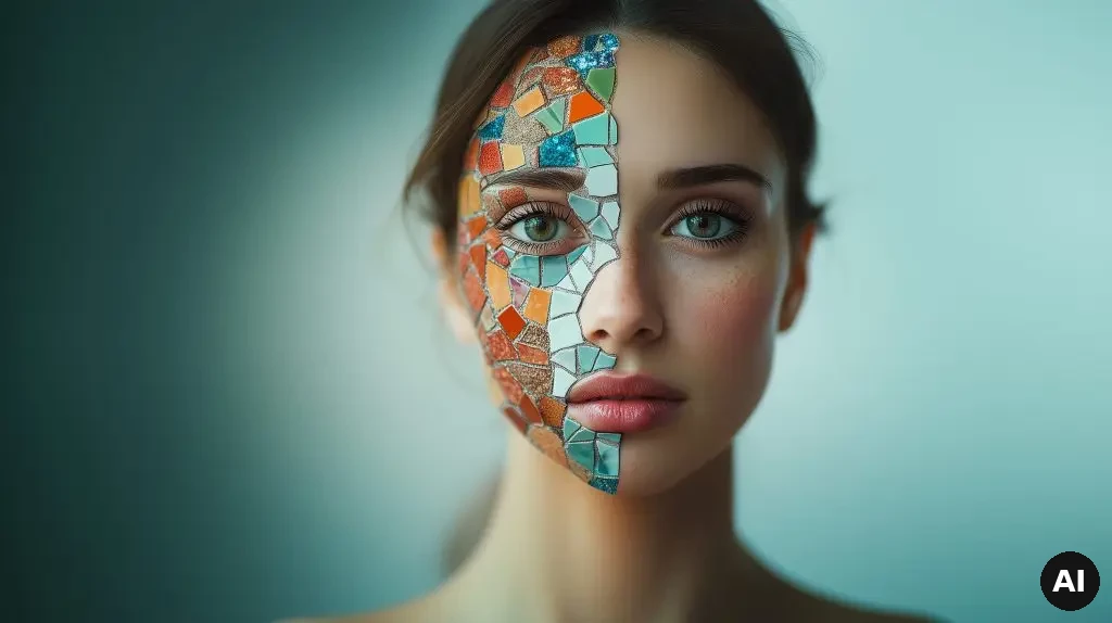 Verbildlichung des Brandings; Identifikation der Marke durch Symbolisierung des halben Mosaikgesichts. Frau hat eine Maske besteht aus Mosaiksteinen auf um die Identifikation zum Unternehmen zu zeigen. (KI-generiert (vollständig))